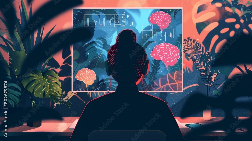 Poster a person observing their brainwave activity on a computer screen during a therapy session..