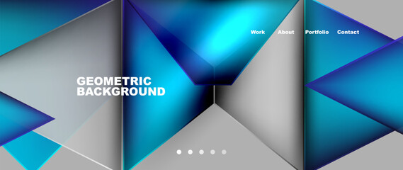 A geometric background featuring azure and electric blue triangles on a gray backdrop, creating a symmetrical pattern. The font and material properties give a sense of aqua and tie shapes