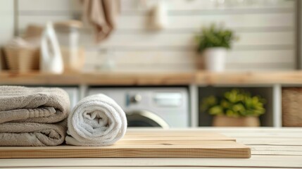 Empty wooden board with towels on blurred background of washing machine in home laundry. Place for product mounting and advertising Generative Ai