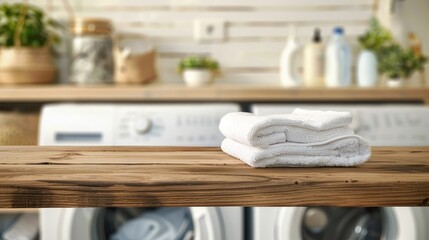 Empty wooden board with towels on blurred background of washing machine in home laundry. Place for product mounting and advertising Generative Ai