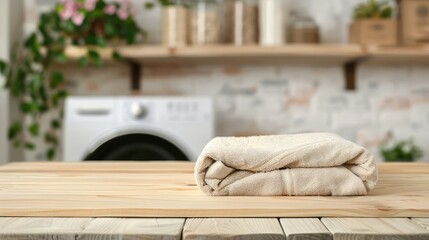 Empty wooden board with towels on blurred background of washing machine in home laundry. Place for product mounting and advertising Generative Ai