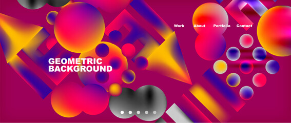 A vibrant geometric background featuring circles and triangles in shades of red, violet, magenta, and electric blue on a purple backdrop. An artistic fusion of colorfulness and technology