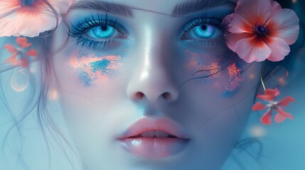 Caravagio surreal lovely woman face with colour eyes shine and background flowers, created by ai