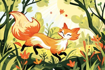 Obraz premium Cartoon cute doodles of a playful kitsune frolicking in a sun-dappled forest, its multiple tails wagging with joy, Generative AI