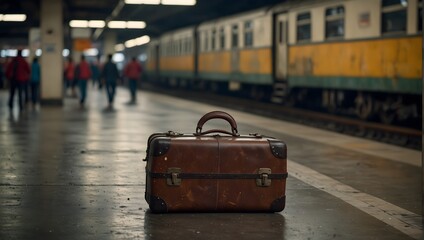 At a bustling railway station, a worn-out suitcase holds the secrets of a traveler's past and the promise of a new beginning ai_generated