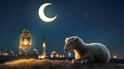 mosque and lantern with lamb for eid al adha	

