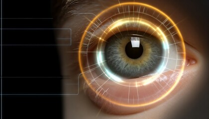 A close-up view of an eye with a futuristic retinal scanner overlay.