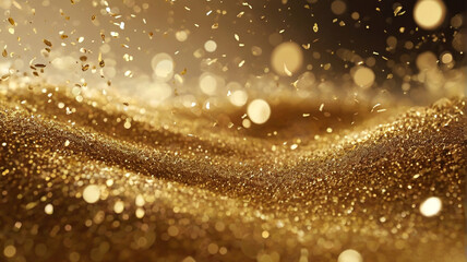 A wave of shimmering golden particles on a dark background.