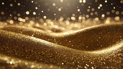 A wave of shimmering golden particles on a dark background.