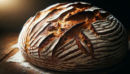 A close-up image of a handcrafted loaf of artisan bread, focusing on the deeply scored crust. - Powered by Adobe