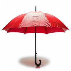 A red umbrella sits on a white background. The umbrella is wet from the rain.