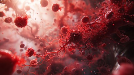 3D rendering image showcasing the process of erythropoiesis, where red blood cells are produced in the bone marrow from hematopoietic stem cells