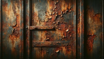 A depiction of an old, rusted metal door with flaking paint, in a style that conveys a sense of history and decay.
