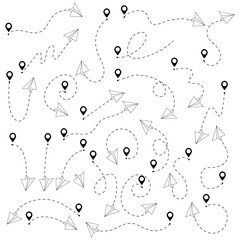 Set of hand drawn doodle paper airplane isolated on white background.