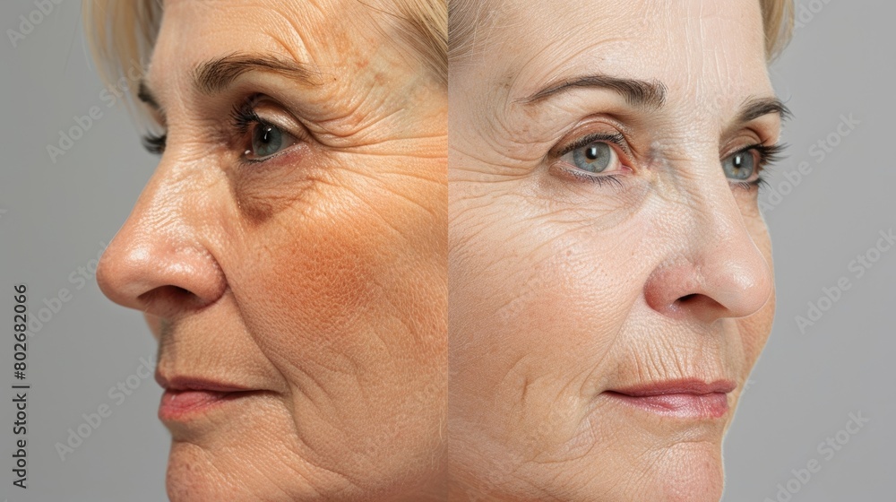 Poster a before and after comparison of a persons skin after regular sauna use with reduced wrinkles and a 