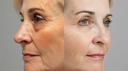 A before and after comparison of a persons skin after regular sauna use with reduced wrinkles and a more youthful glow..
