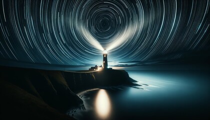 A tranquil night scene featuring the silhouette of a lighthouse on a cliff, its powerful beam...