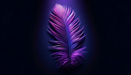 A textured image of a purple feather, with individual barbs glowing under a sharp ray of violet...