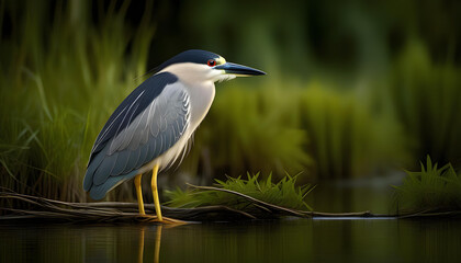 Obraz premium A black-crowned night heron standing in water, with its head turned to the side as if looking for prey