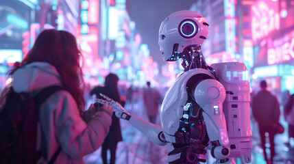 Create an illustration of humans interacting with advanced AI-powered robots in everyday life.