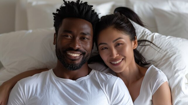Smiling Couple Relaxing Together, Black Man Korean Woman Relationship