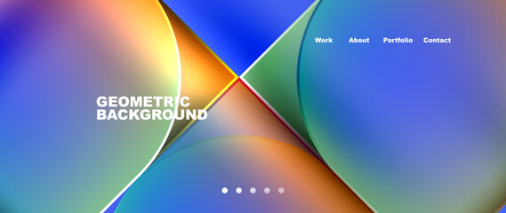 A colorful geometric background resembling a vibrant rainbow, featuring shades of azure, electric blue, and various shapes like triangles and circles. Creates an atmospheric and celestial atmosphere