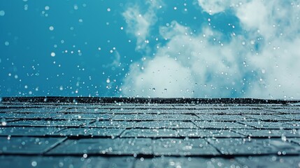 A rooftop covered in rain creating an abstract and everchanging pattern against the blue sky..