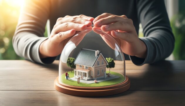 A close-up of hands placing a protective dome over a model house, conveying the importance of home insurance or security.