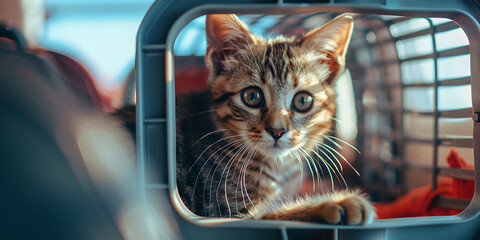 Cat in a carrier Blurred background Transporting pets on airplanes and other transport Cute domestic cat sits in a carrier bag 