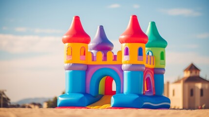 Bright and vibrant inflatable castle stands prominently against a clear sky on a sandy beach.
