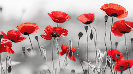 Selective color technique on red poppies in grayscale field
