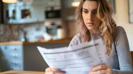 A concerned young woman reads financial documents in a well-lit modern kitchen setting.