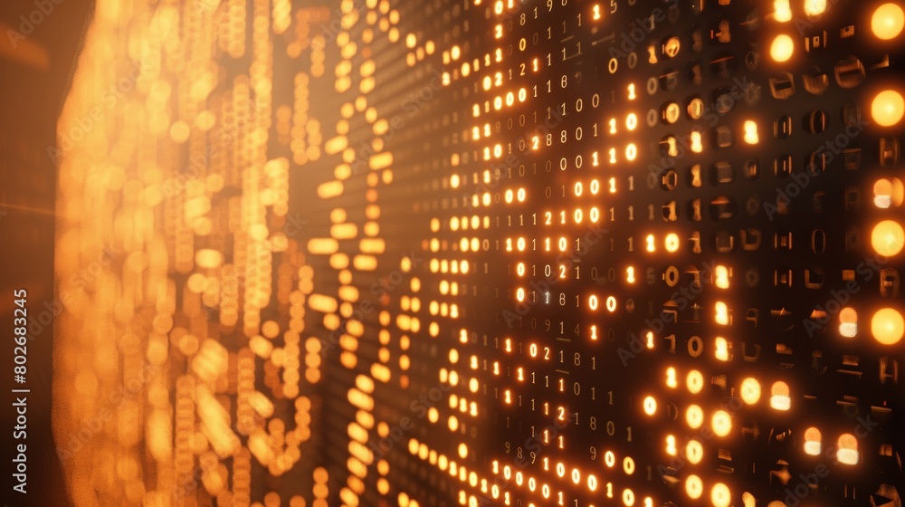 Poster close-up of a glowing orange digital data stream with binary numbers, representing technology and in