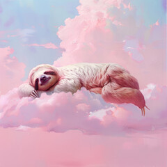 Fototapeta premium studio shot of a Surreal vision of a giant, kindfaced sloth a sleep on a cloud, sky brushed with delicate pastel colors