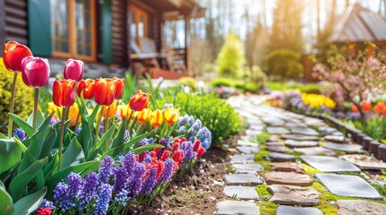 Vibrant spring garden with colorful tulips, hyacinths, and a pathway leading to a cozy log cabin.
