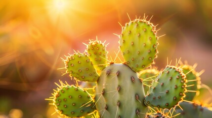 Golden sunlight illuminates the spikes of a cactus, highlighting its details and texture during sunset.