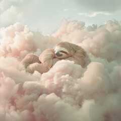 Fototapeta premium studio shot of a Surreal vision of a giant, kindfaced sloth a sleep on a cloud, sky brushed with delicate pastel colors