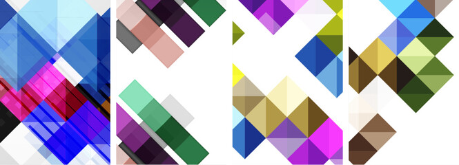 A vibrant collage featuring four colored shapes purple, violet, magenta. The composition includes a rectangle, triangle, showcasing the creativity of textile art through symmetry and font design