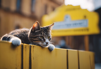 A tabby cat lounges on a yellow dumpster, with a blurred city background. International Cat Day.