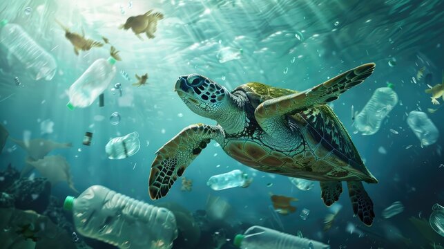 Plastic pollution with turtles swimming underwater between discarded plastic bottles.