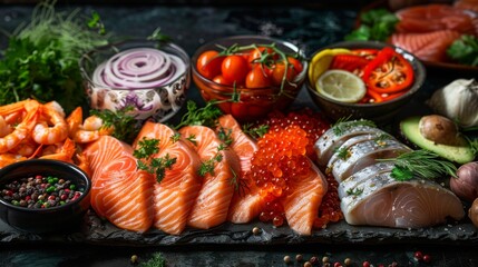 Highly detailed real-photo shot presenting seafood products infused with global flavors, prepared for export markets