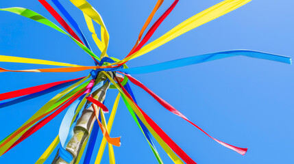 Colorful ribbons on maypole against blue sky