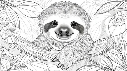 Obraz premium Coloring page, a sloth is hanging on the tree and smiling.