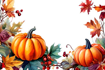Frame of autumn leaves, pumpkins and red berries. Colorful autumn design