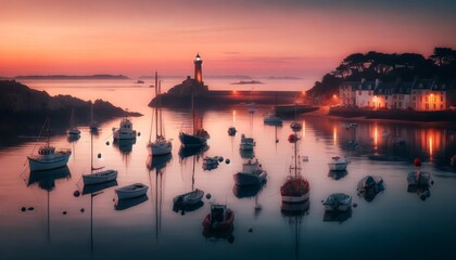 A tranquil harbor scene at dawn in a 16_9 ratio. - Powered by Adobe
