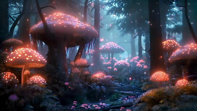 A fantasy forest with glowing mushrooms and mystical creatures