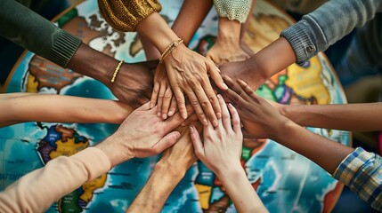 hands together with different colorful skin and grasping the earth, international friendship day.