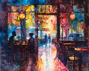 Fototapeta premium A watercolor painting capturing the lively atmosphere of a cafe, with colorful details and ambient background elements