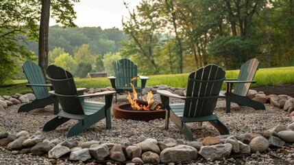 Adirondack chairs p near the fire pit inviting guests to relax and enjoy the warmth. 2d flat cartoon.