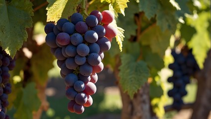 Naklejka premium In the vineyard, clusters of grapes ripen under the sun, each plump orb holding the potential for a sip of velvety wine ai_generated